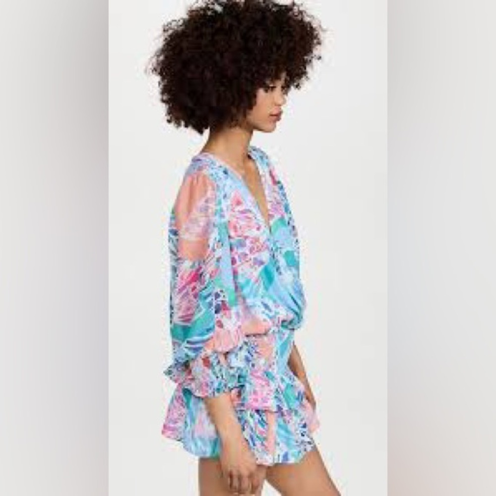 NWT,Amanda Uprichard Floral Mini Dress Pastel Ruffle Smocked Waist Resort SIZE S - Picture 9 of 9